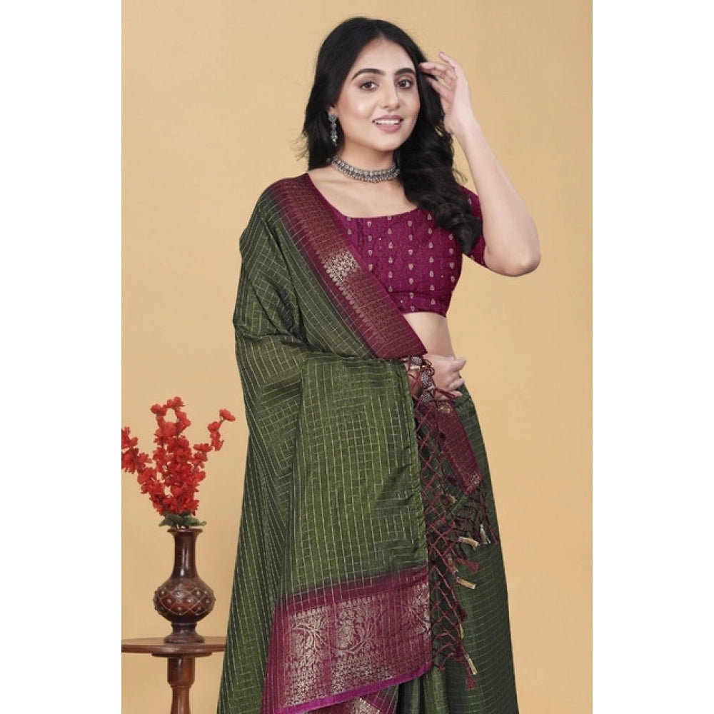 Amfyn Women's Cotton Blend Checkered Saree With Unstitched Blouse 5.5Mtr (Green)