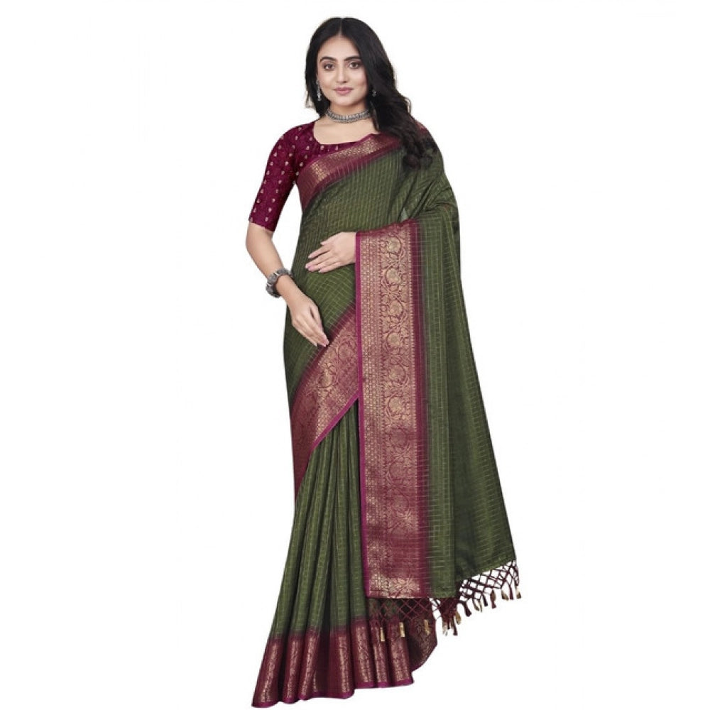 Amfyn Women's Cotton Blend Checkered Saree With Unstitched Blouse 5.5Mtr (Green)