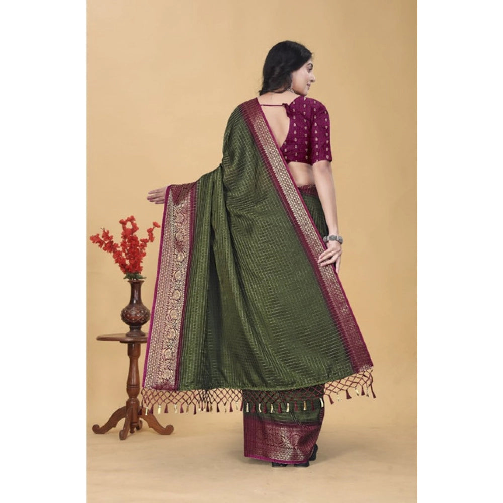 Amfyn Women's Cotton Blend Checkered Saree With Unstitched Blouse 5.5Mtr (Green)
