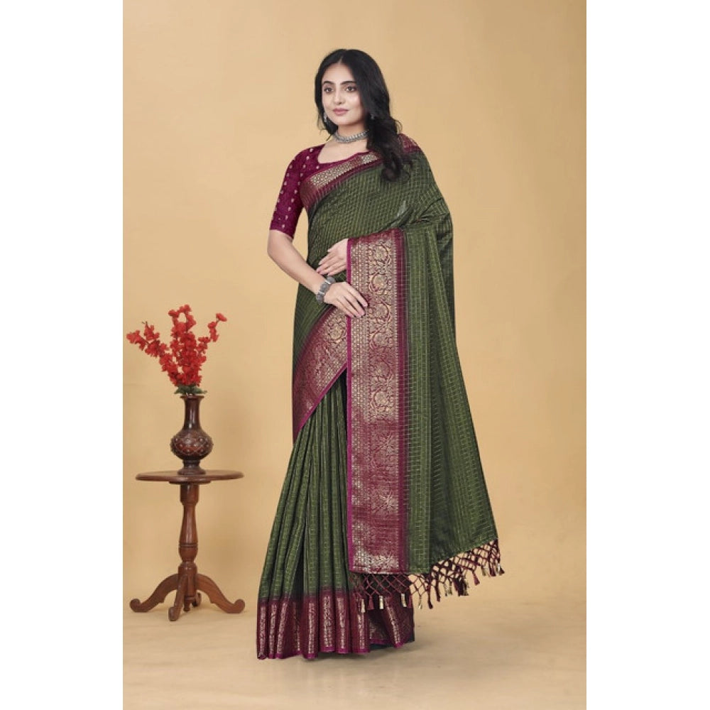 Amfyn Women's Cotton Blend Checkered Saree With Unstitched Blouse 5.5Mtr (Green)
