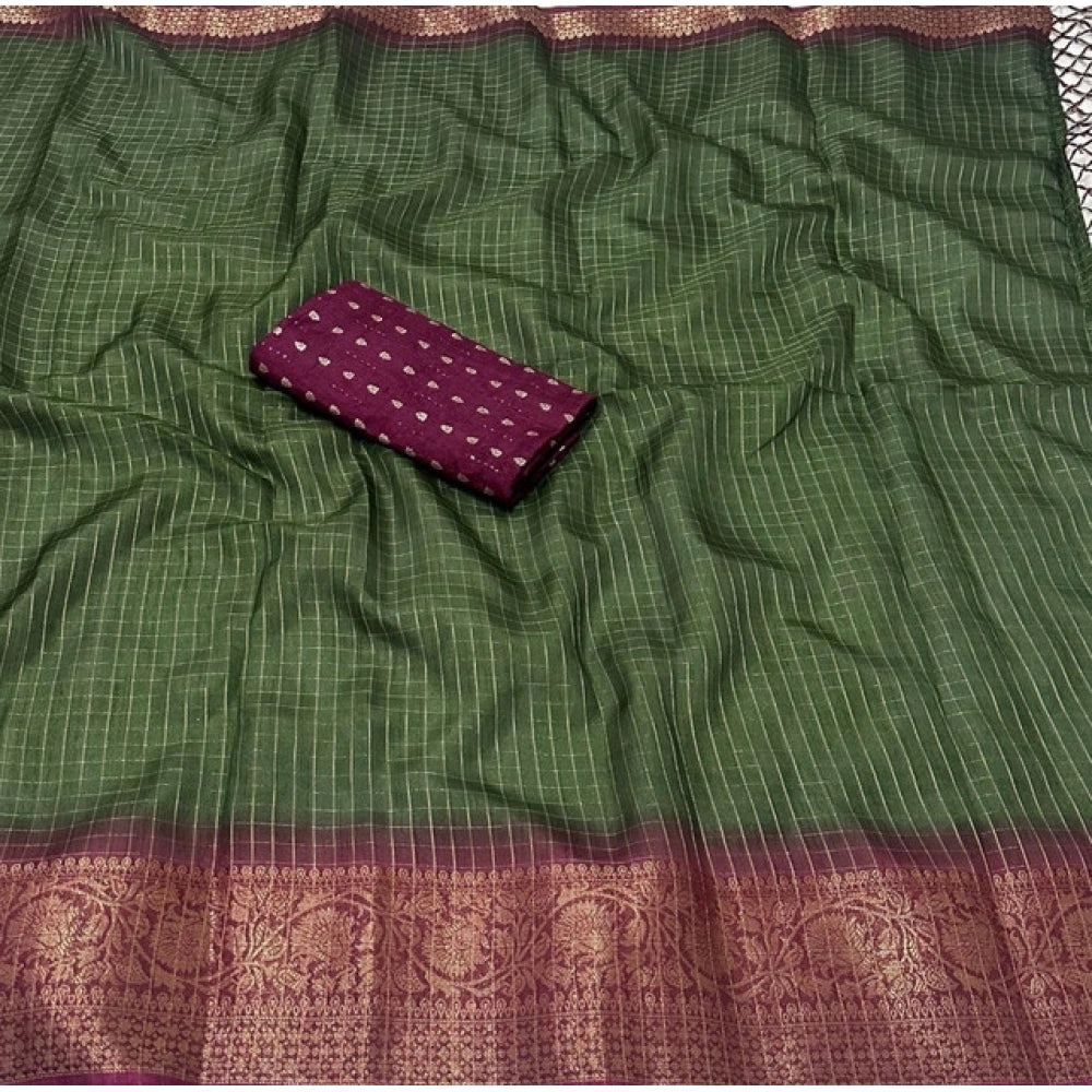 Amfyn Women's Cotton Blend Checkered Saree With Unstitched Blouse 5.5Mtr (Green)