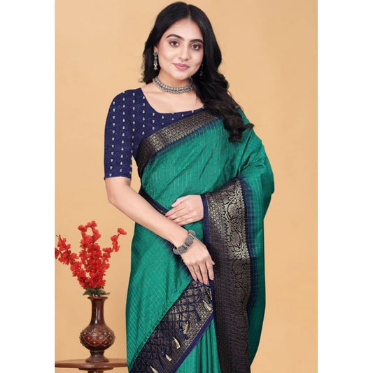 Amfyn Women's Cotton Blend Checkered Saree With Unstitched Blouse 5.5Mtr (Teal Green)