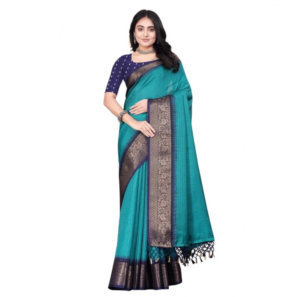 Amfyn Women's Cotton Blend Checkered Saree With Unstitched Blouse 5.5Mtr (Teal Green)