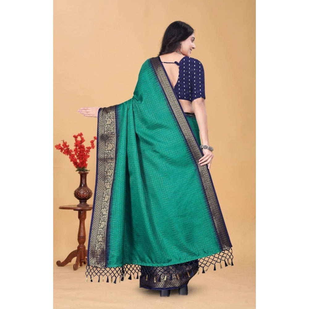 Amfyn Women's Cotton Blend Checkered Saree With Unstitched Blouse 5.5Mtr (Teal Green)