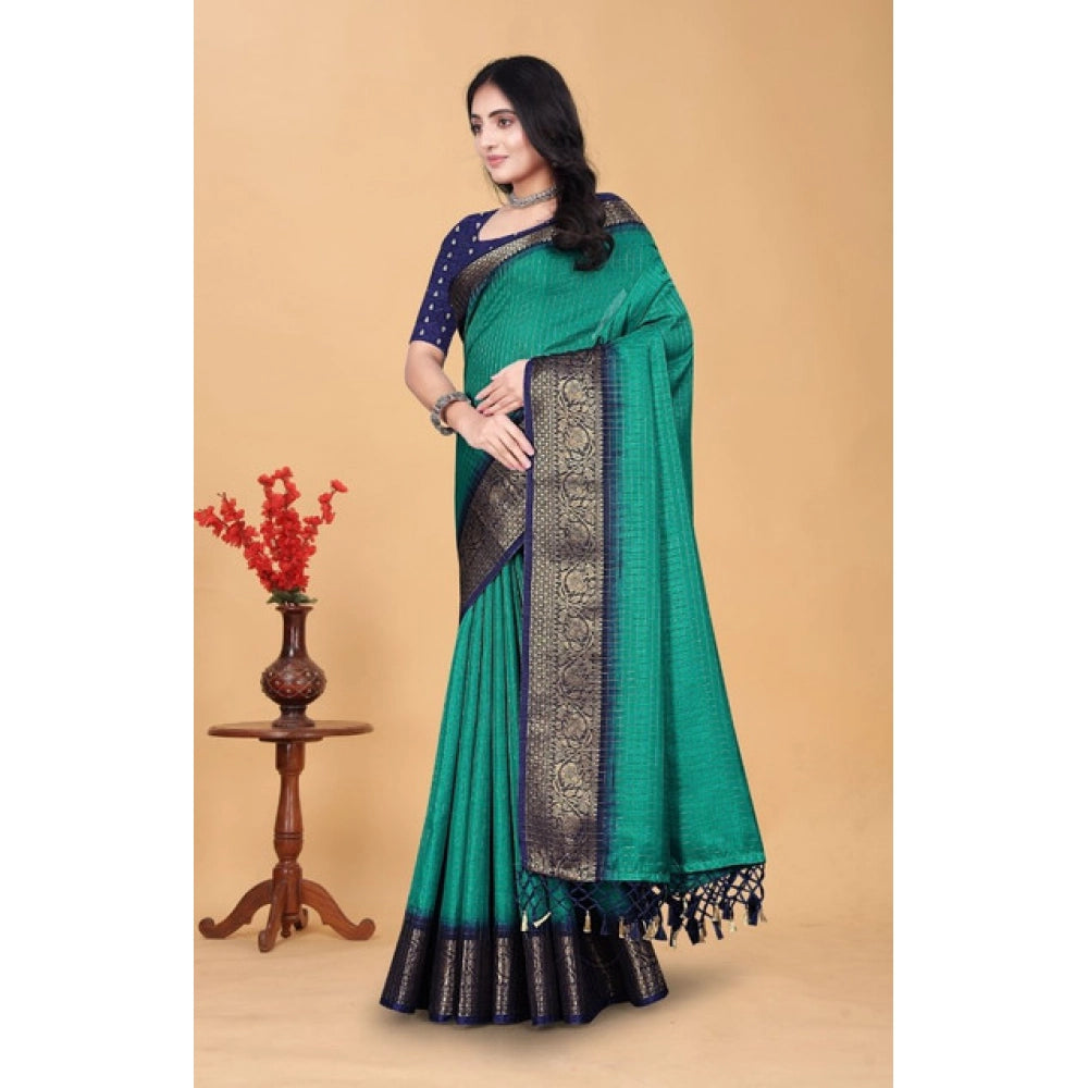 Amfyn Women's Cotton Blend Checkered Saree With Unstitched Blouse 5.5Mtr (Teal Green)