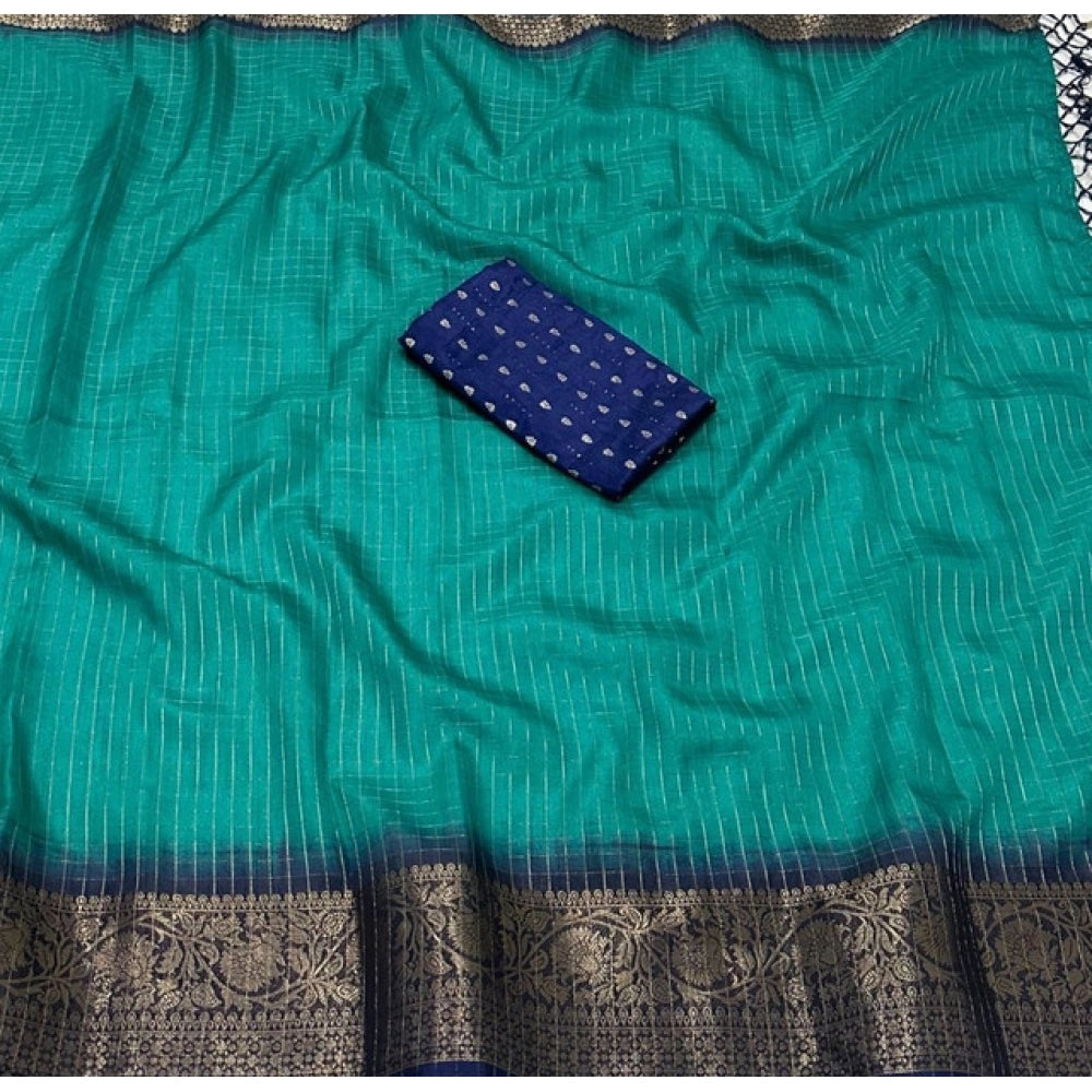 Amfyn Women's Cotton Blend Checkered Saree With Unstitched Blouse 5.5Mtr (Teal Green)