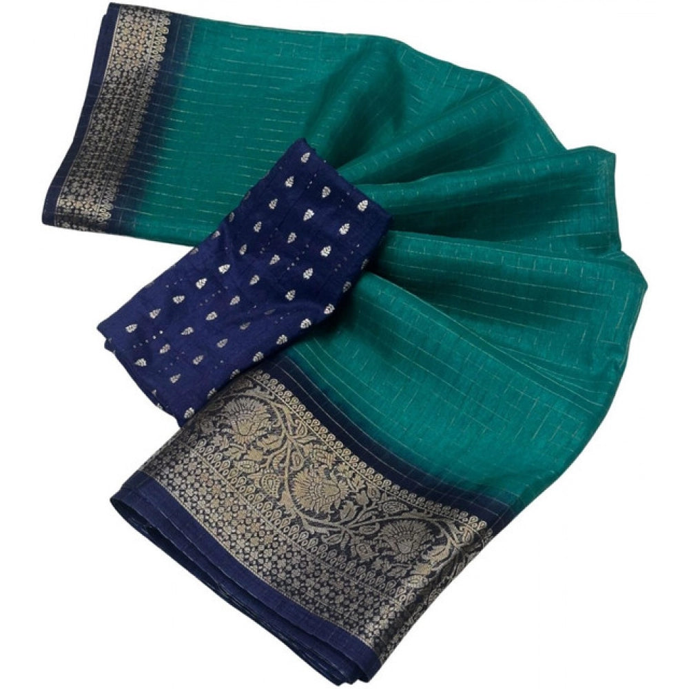 Amfyn Women's Cotton Blend Checkered Saree With Unstitched Blouse 5.5Mtr (Teal Green)