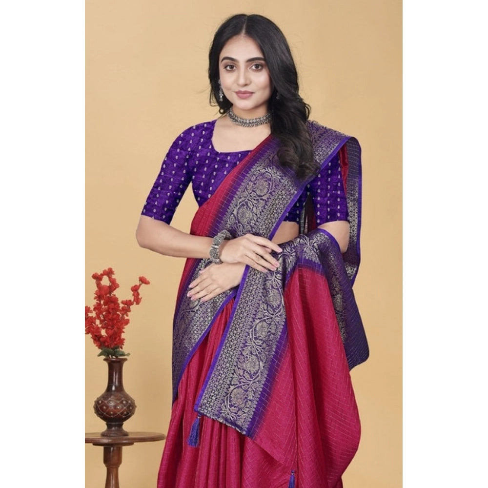 Amfyn Women's Cotton Blend Checkered Saree With Unstitched Blouse 5.5Mtr (Pink)