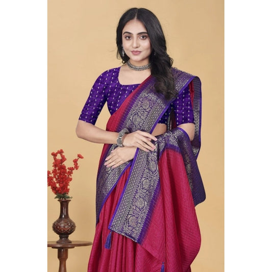 Amfyn Women's Cotton Blend Checkered Saree With Unstitched Blouse 5.5Mtr (Pink)