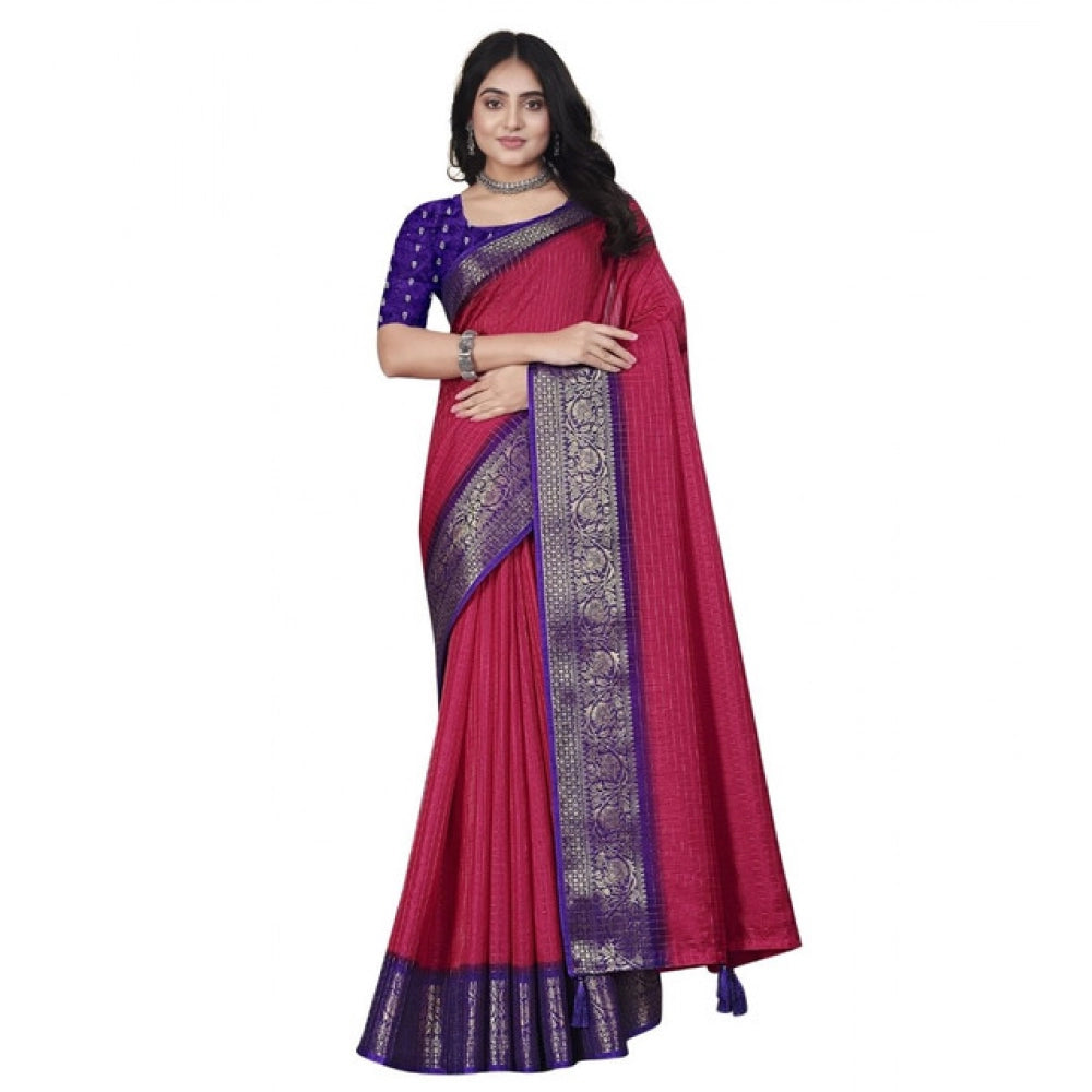 Amfyn Women's Cotton Blend Checkered Saree With Unstitched Blouse 5.5Mtr (Pink)
