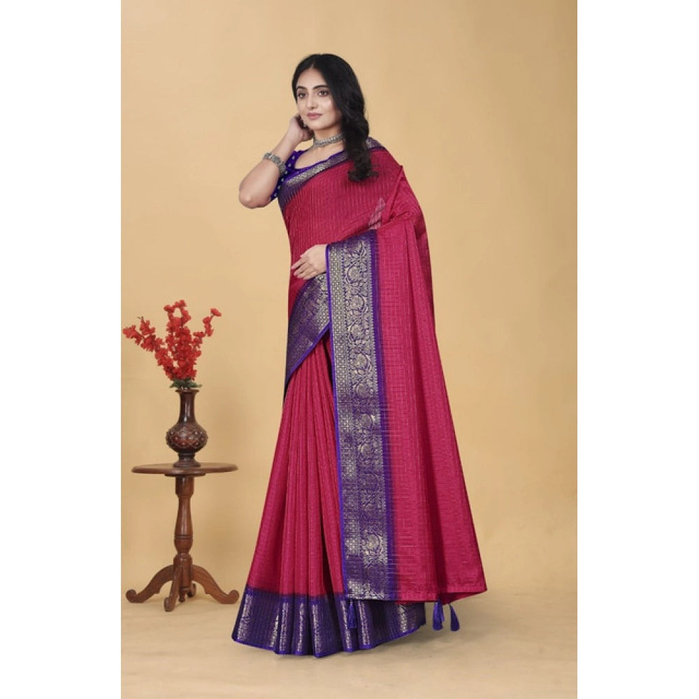 Amfyn Women's Cotton Blend Checkered Saree With Unstitched Blouse 5.5Mtr (Pink)
