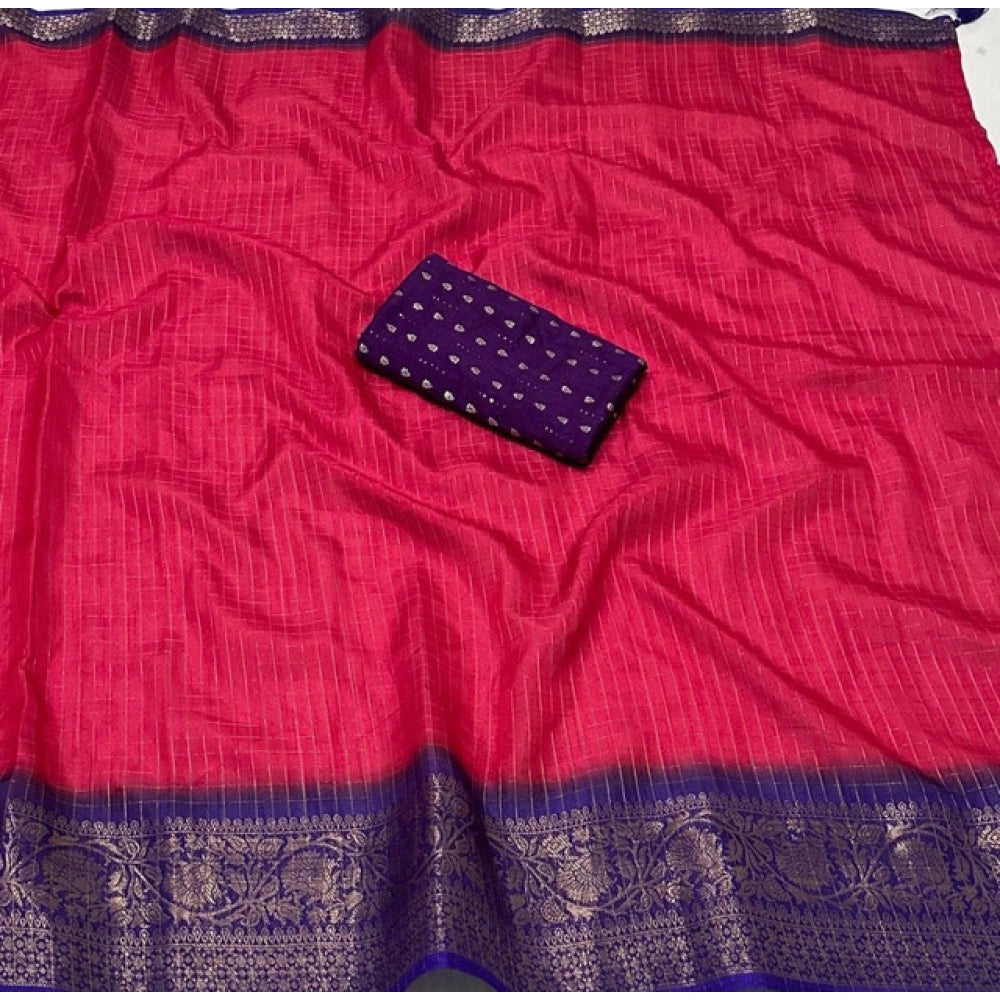 Amfyn Women's Cotton Blend Checkered Saree With Unstitched Blouse 5.5Mtr (Pink)