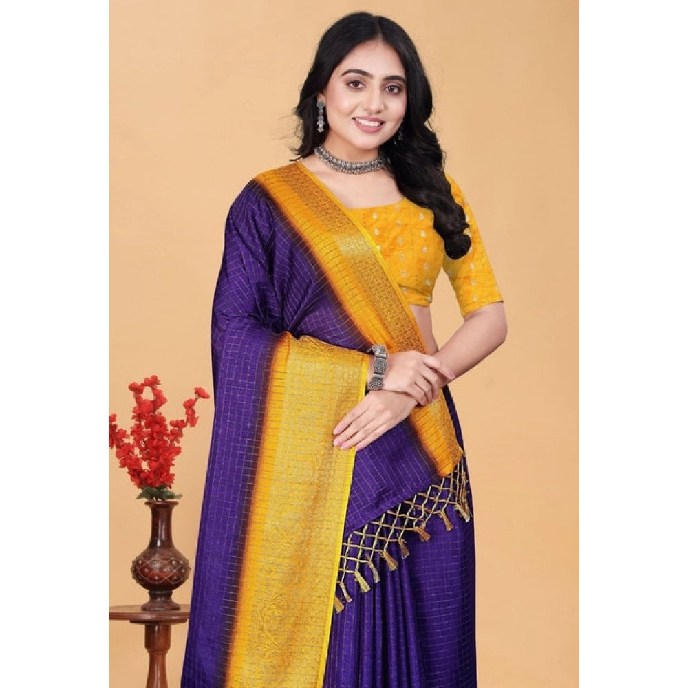Amfyn Women's Cotton Blend Checkered Saree With Unstitched Blouse 5.5Mtr (Royal Blue)