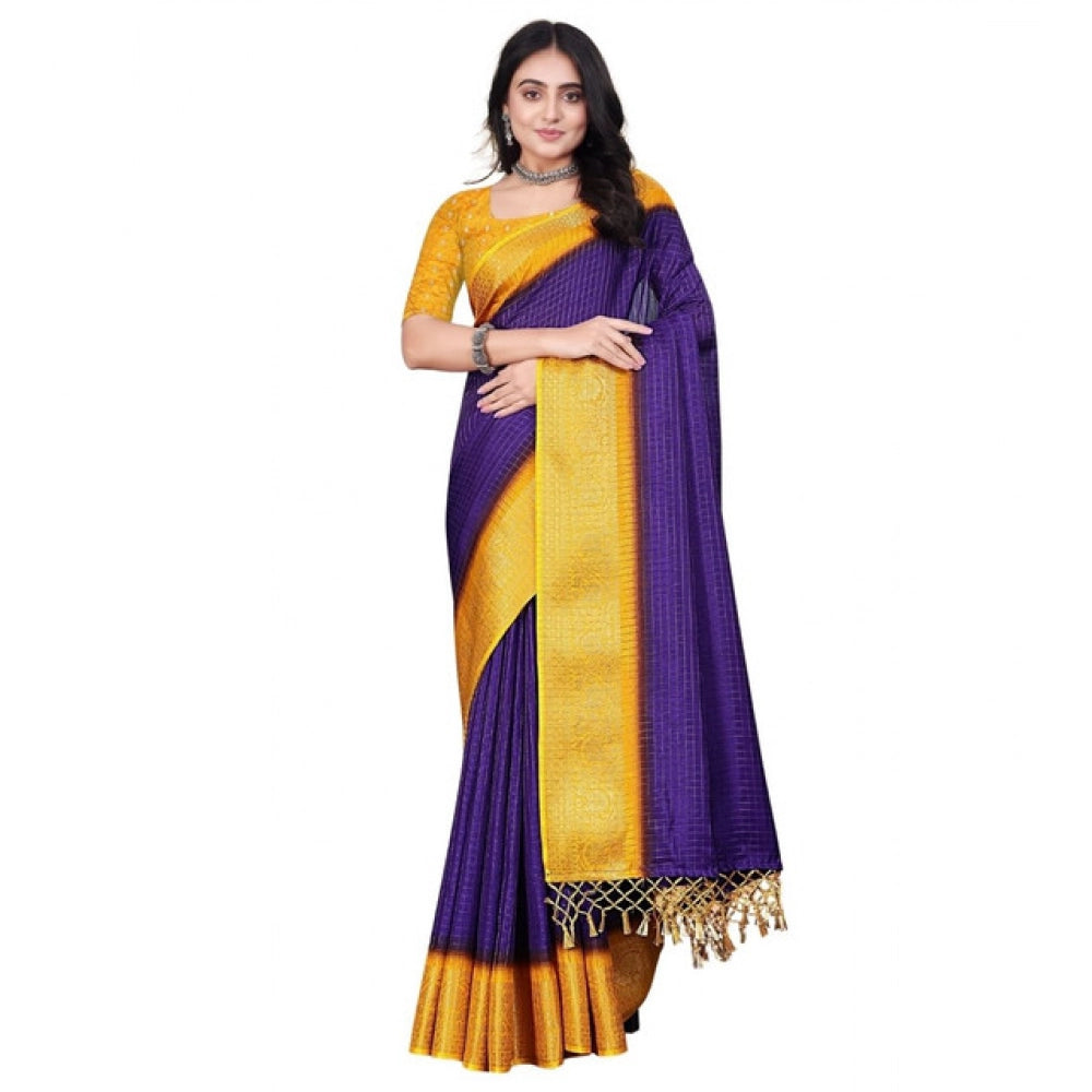 Amfyn Women's Cotton Blend Checkered Saree With Unstitched Blouse 5.5Mtr (Royal Blue)