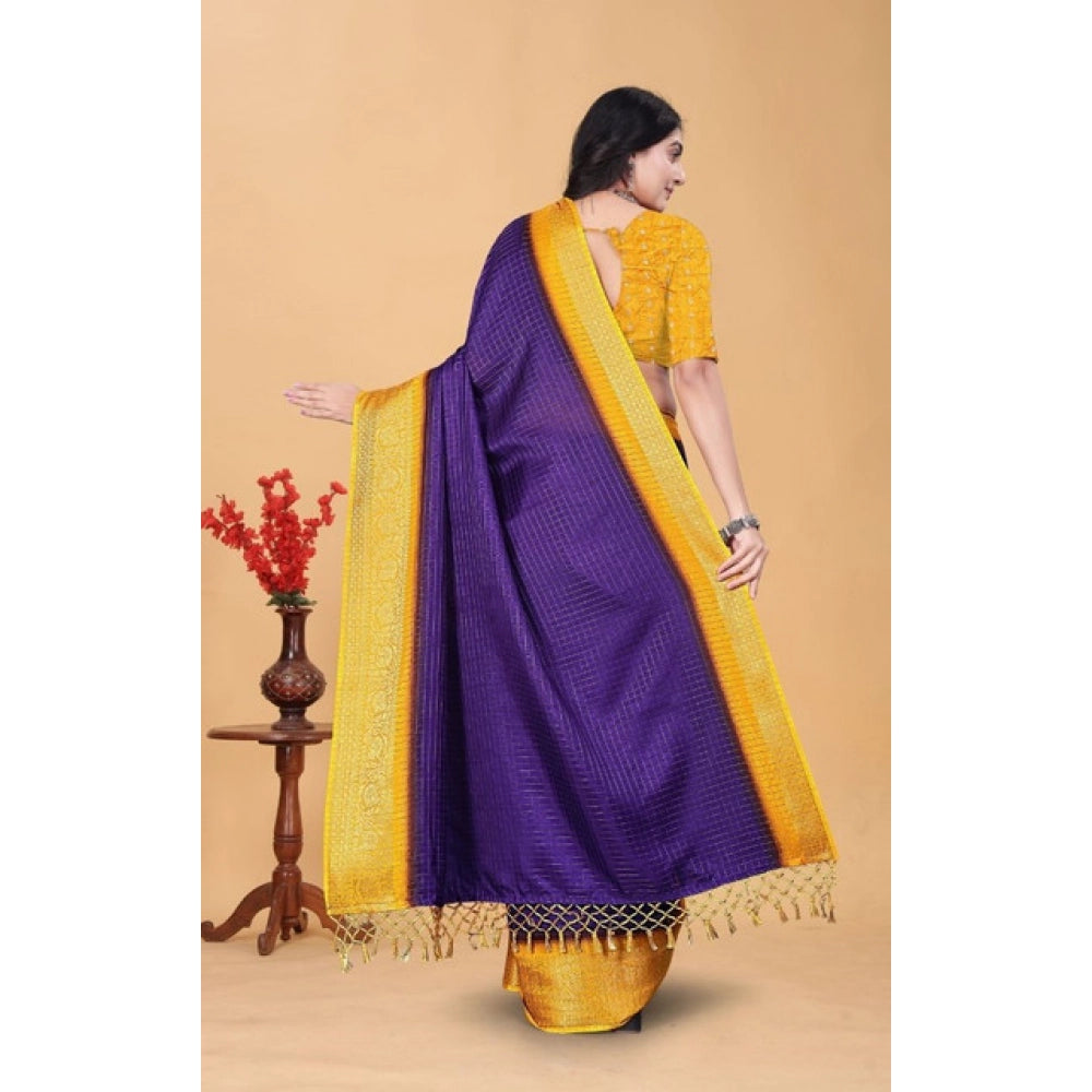 Amfyn Women's Cotton Blend Checkered Saree With Unstitched Blouse 5.5Mtr (Royal Blue)