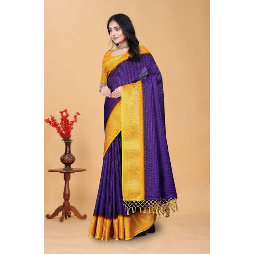 Amfyn Women's Cotton Blend Checkered Saree With Unstitched Blouse 5.5Mtr (Royal Blue)