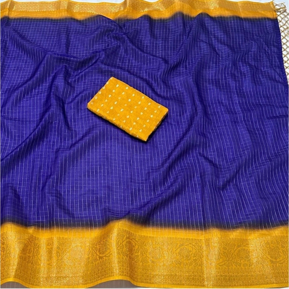 Amfyn Women's Cotton Blend Checkered Saree With Unstitched Blouse 5.5Mtr (Royal Blue)