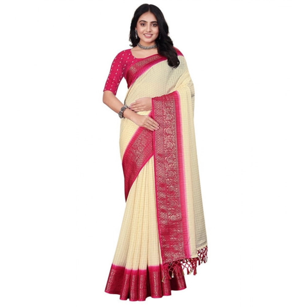 Amfyn Women's Cotton Blend Checkered Saree With Unstitched Blouse 5.5Mtr (Multicolor)