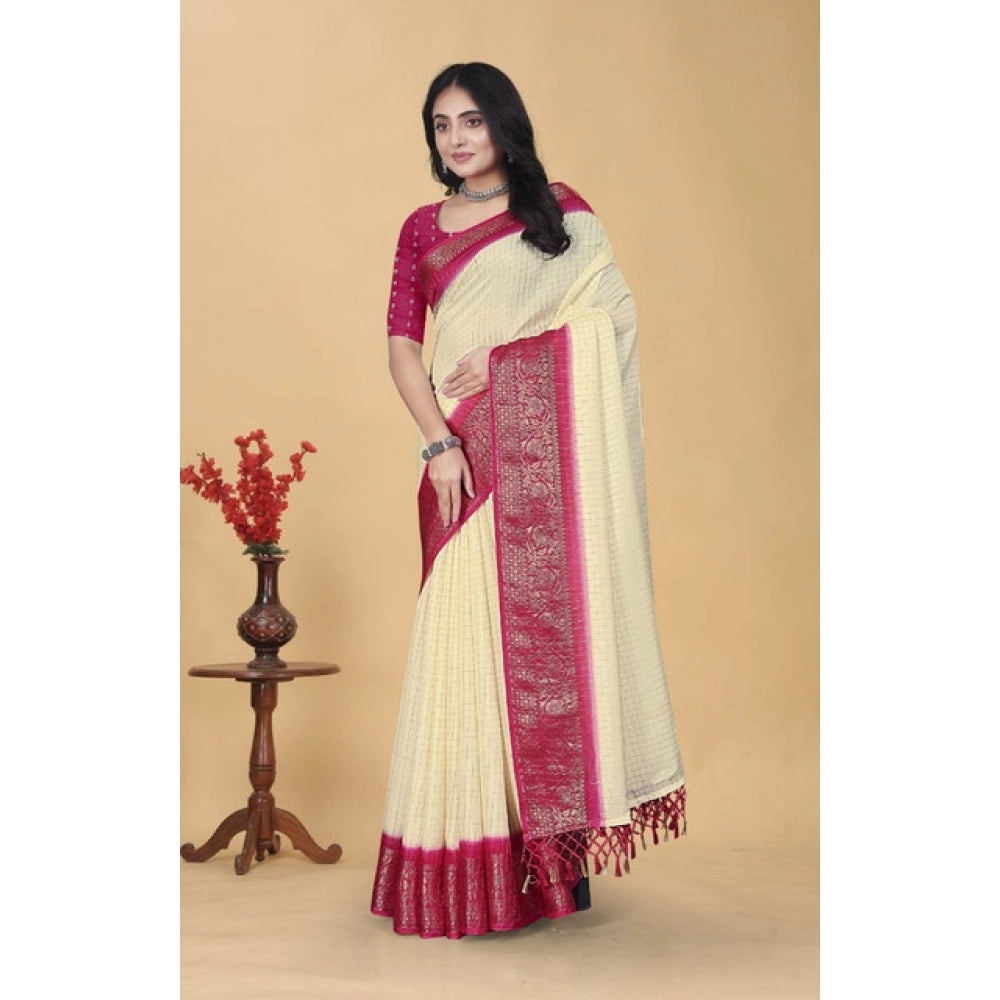 Amfyn Women's Cotton Blend Checkered Saree With Unstitched Blouse 5.5Mtr (Multicolor)