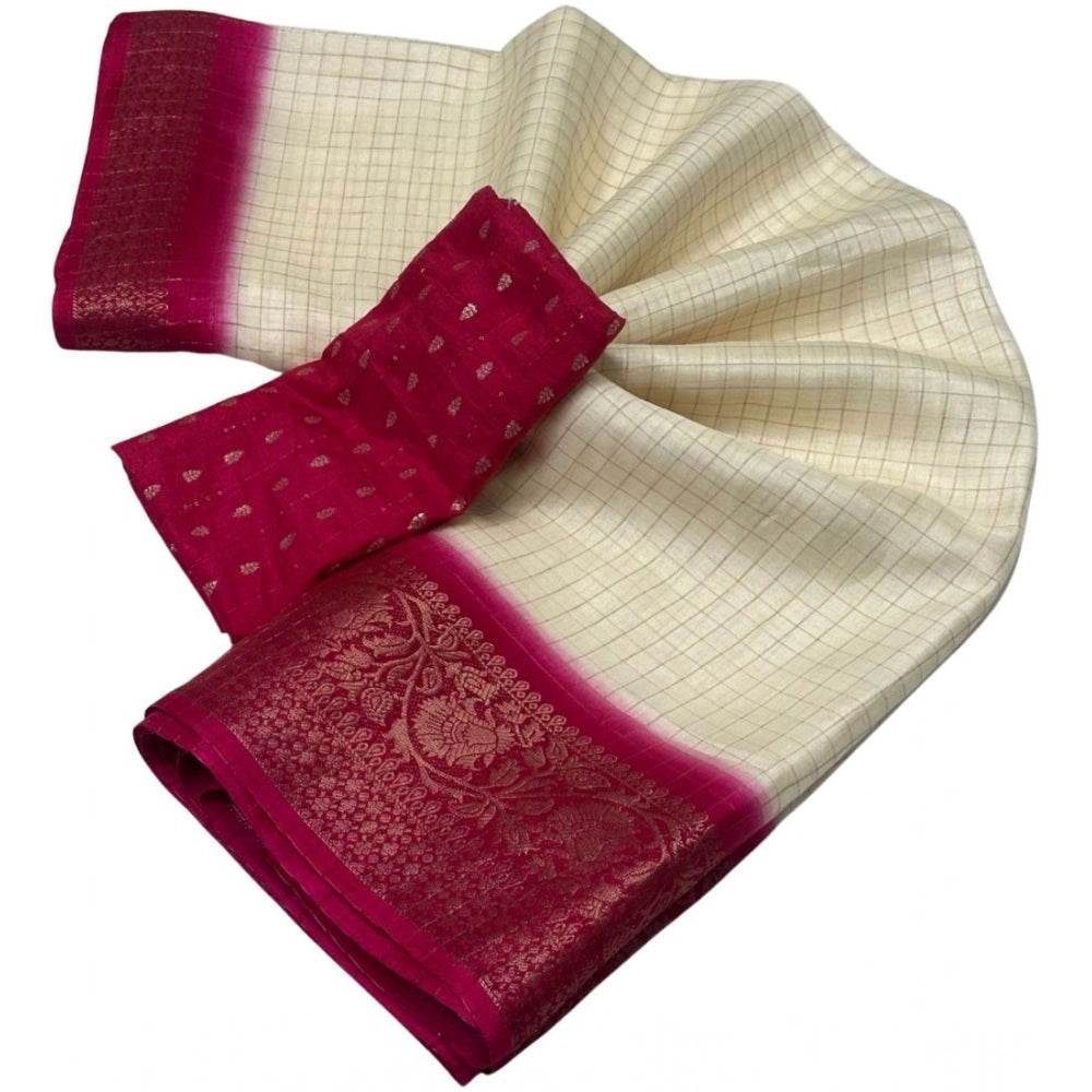 Amfyn Women's Cotton Blend Checkered Saree With Unstitched Blouse 5.5Mtr (Multicolor)