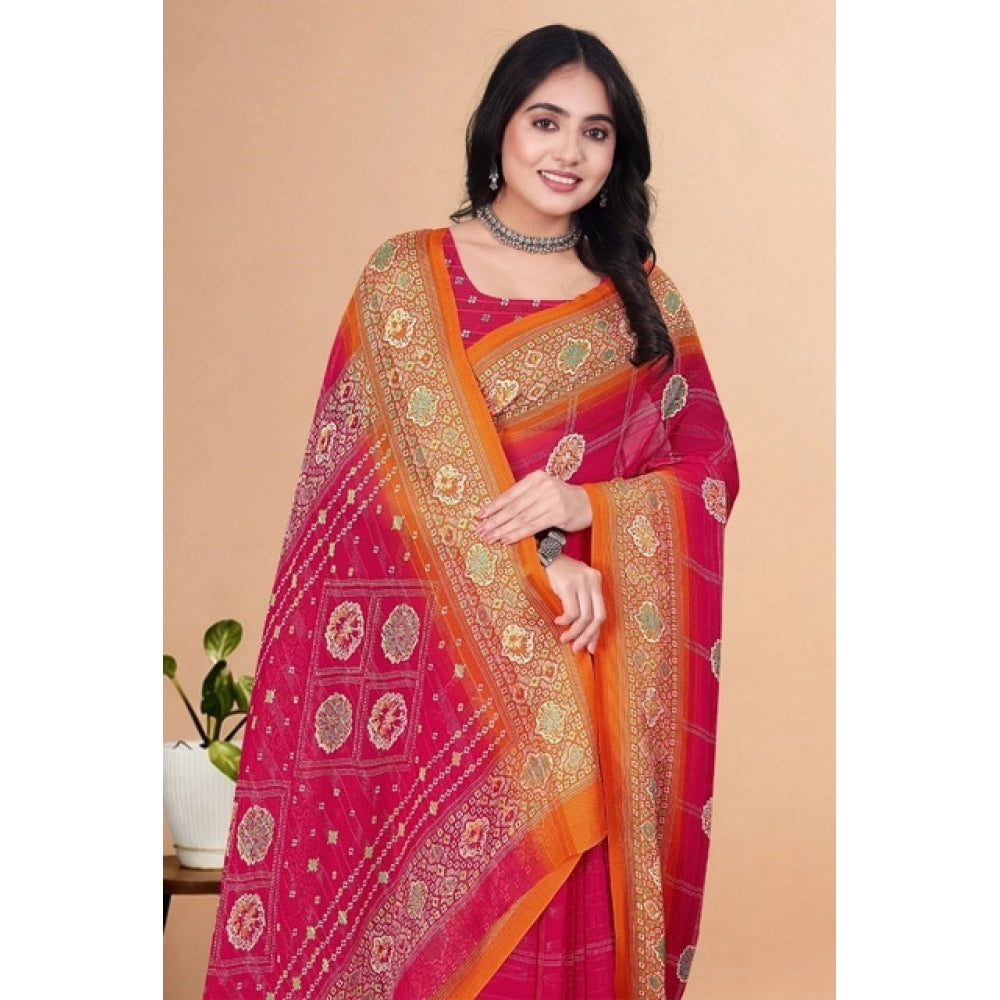 Amfyn Women's Art Silk Printed Saree With Unstitched Blouse 5.5Mtr (Pink)
