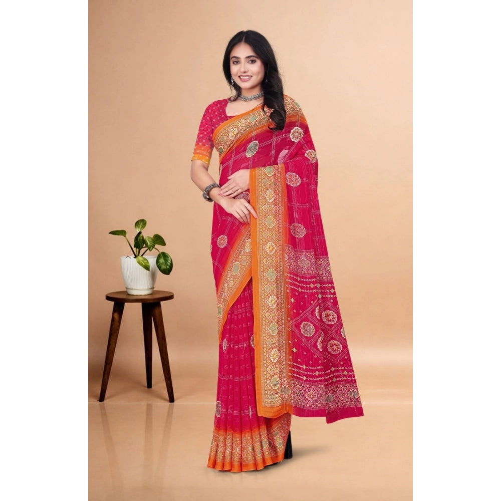 Amfyn Women's Art Silk Printed Saree With Unstitched Blouse 5.5Mtr (Pink)