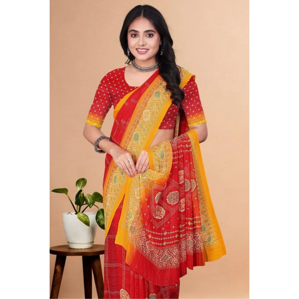 Amfyn Women's Art Silk Printed Saree With Unstitched Blouse 5.5Mtr (Red)