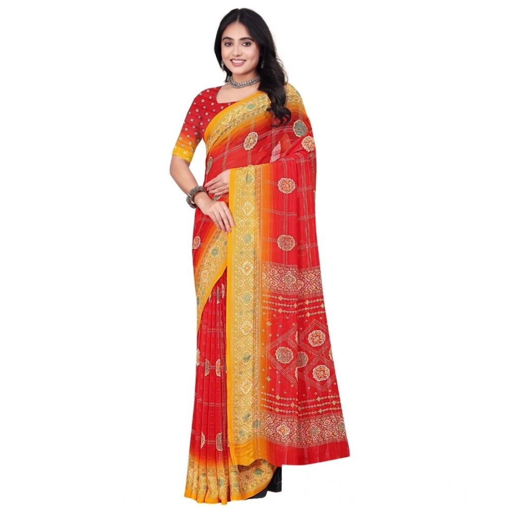 Amfyn Women's Art Silk Printed Saree With Unstitched Blouse 5.5Mtr (Red)