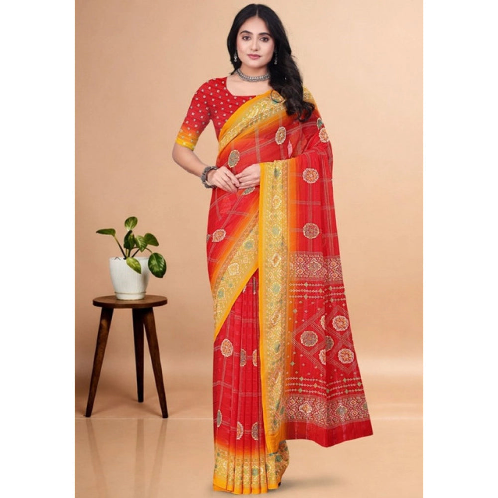 Amfyn Women's Art Silk Printed Saree With Unstitched Blouse 5.5Mtr (Red)