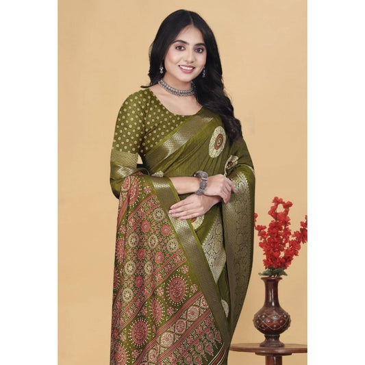 Amfyn Women's Art Silk Printed Saree With Unstitched Blouse 5.5Mtr (Mehendi)