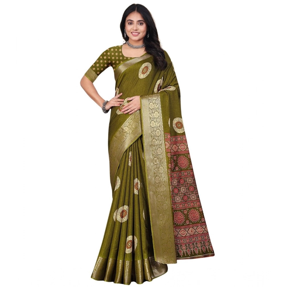 Amfyn Women's Art Silk Printed Saree With Unstitched Blouse 5.5Mtr (Mehendi)