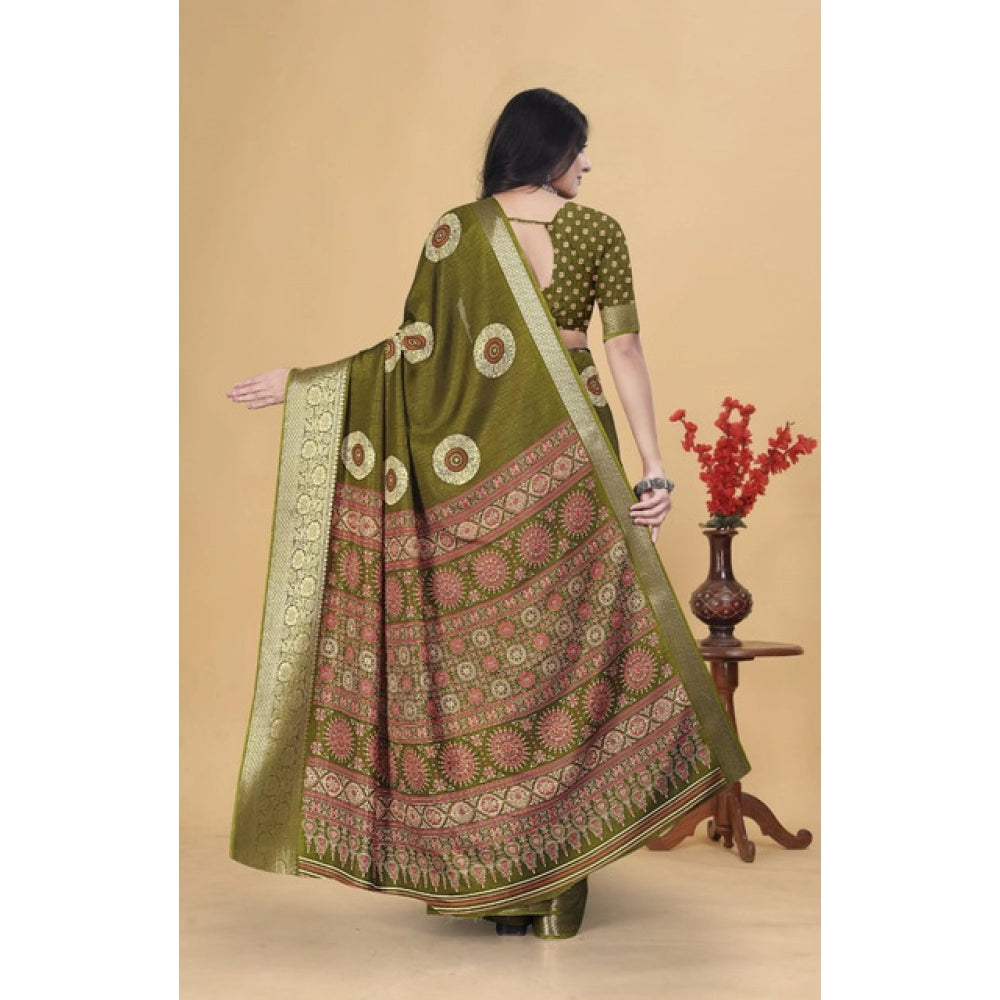 Amfyn Women's Art Silk Printed Saree With Unstitched Blouse 5.5Mtr (Mehendi)