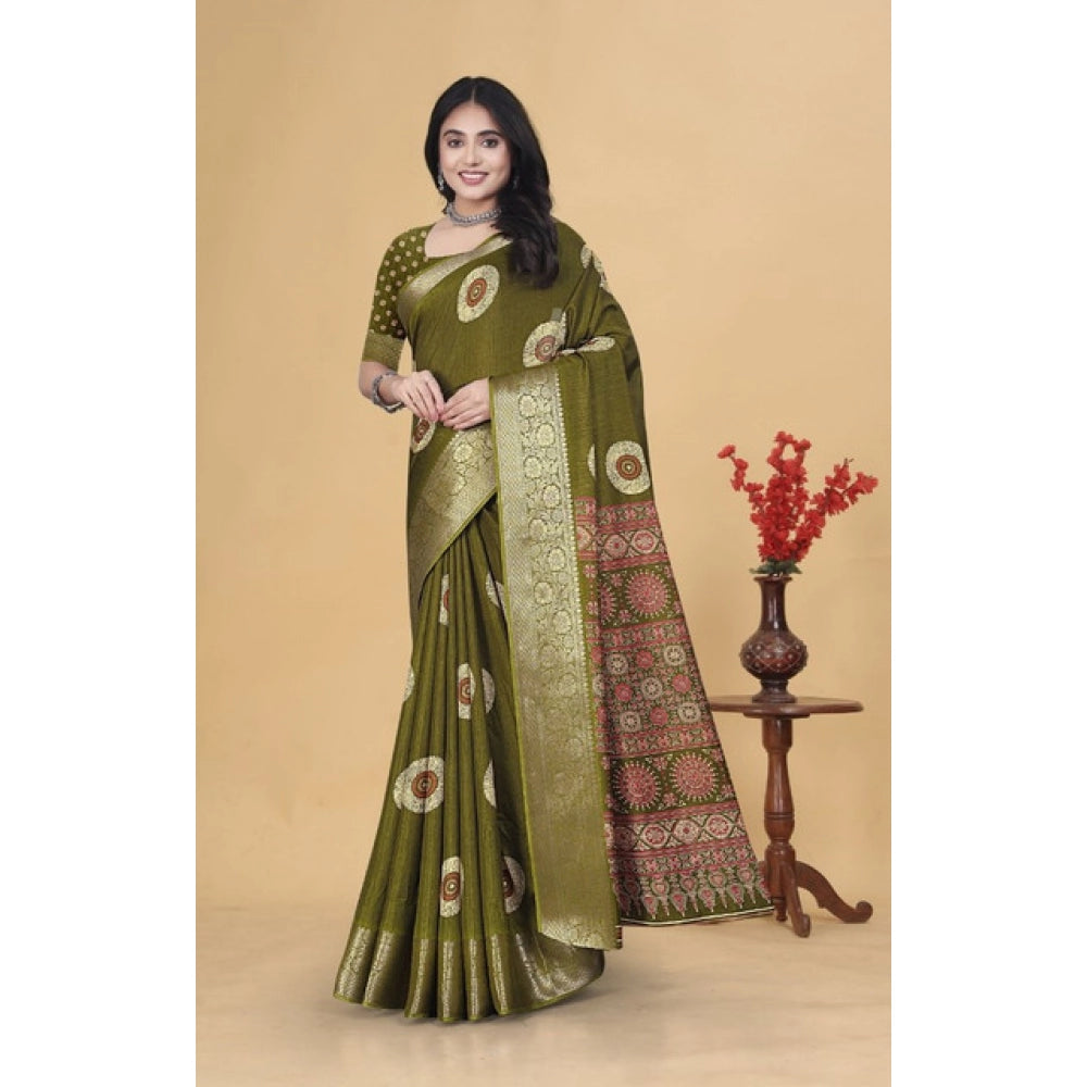 Amfyn Women's Art Silk Printed Saree With Unstitched Blouse 5.5Mtr (Mehendi)