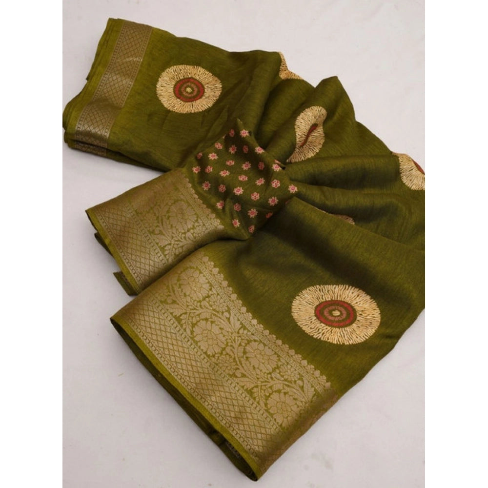 Amfyn Women's Art Silk Printed Saree With Unstitched Blouse 5.5Mtr (Mehendi)