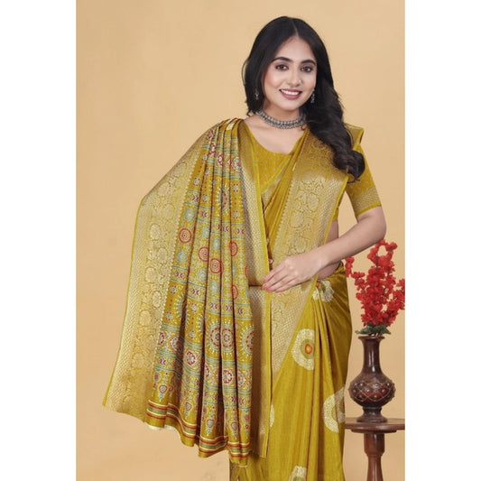 Amfyn Women's Art Silk Printed Saree With Unstitched Blouse 5.5Mtr (Mustard)