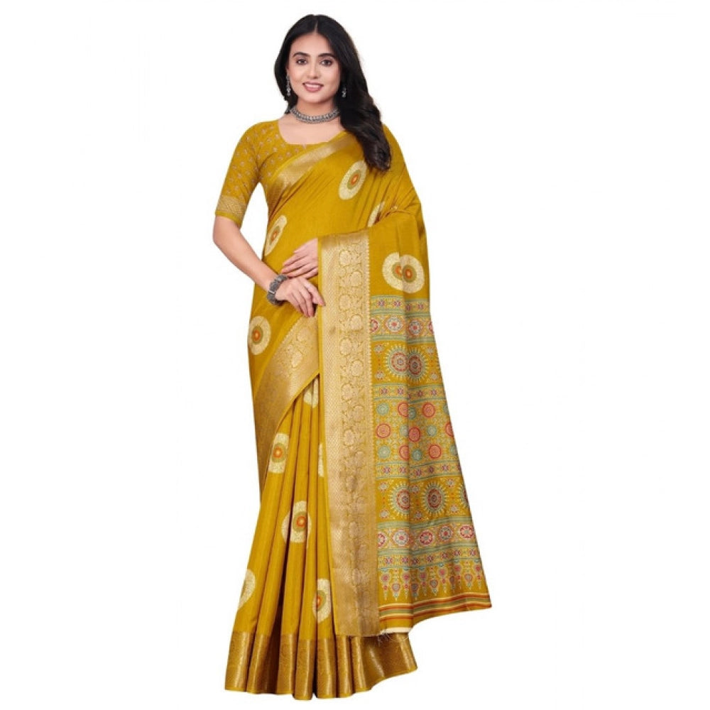 Amfyn Women's Art Silk Printed Saree With Unstitched Blouse 5.5Mtr (Mustard)
