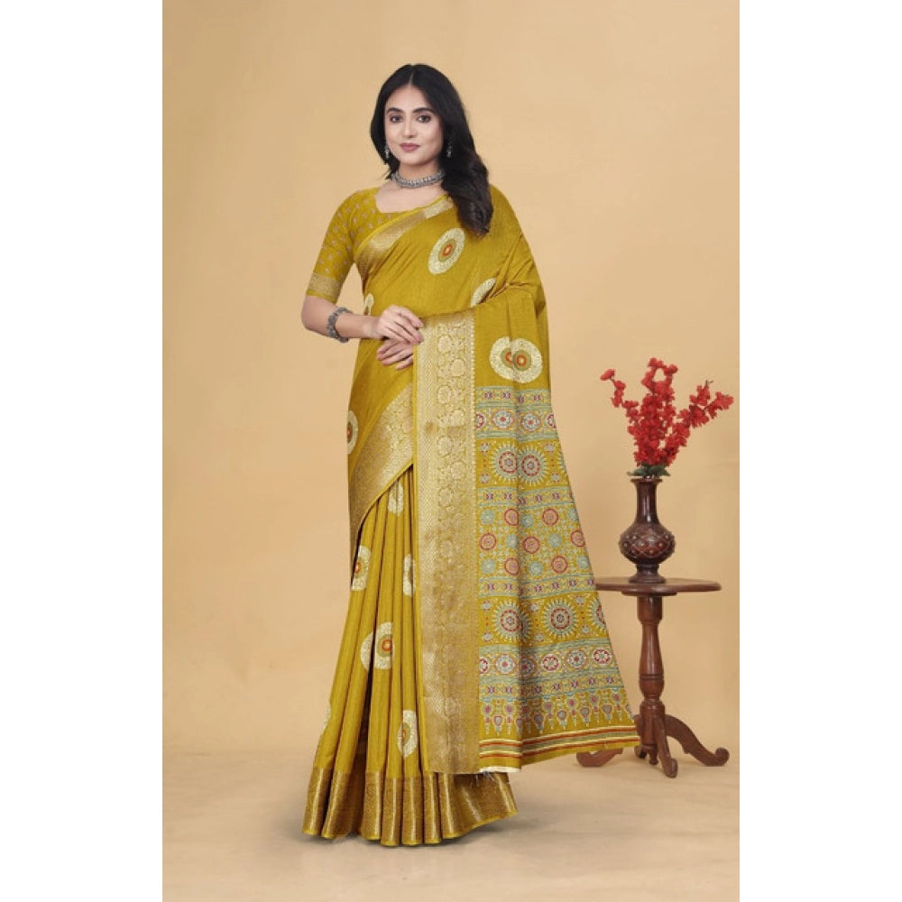 Amfyn Women's Art Silk Printed Saree With Unstitched Blouse 5.5Mtr (Mustard)