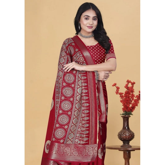 Amfyn Women's Art Silk Printed Saree With Unstitched Blouse 5.5Mtr (Red)