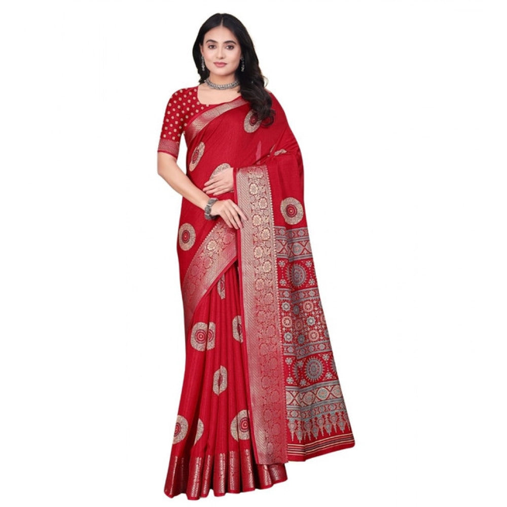 Amfyn Women's Art Silk Printed Saree With Unstitched Blouse 5.5Mtr (Red)