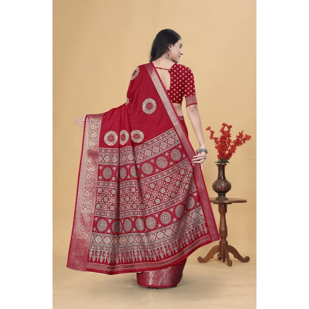 Amfyn Women's Art Silk Printed Saree With Unstitched Blouse 5.5Mtr (Red)