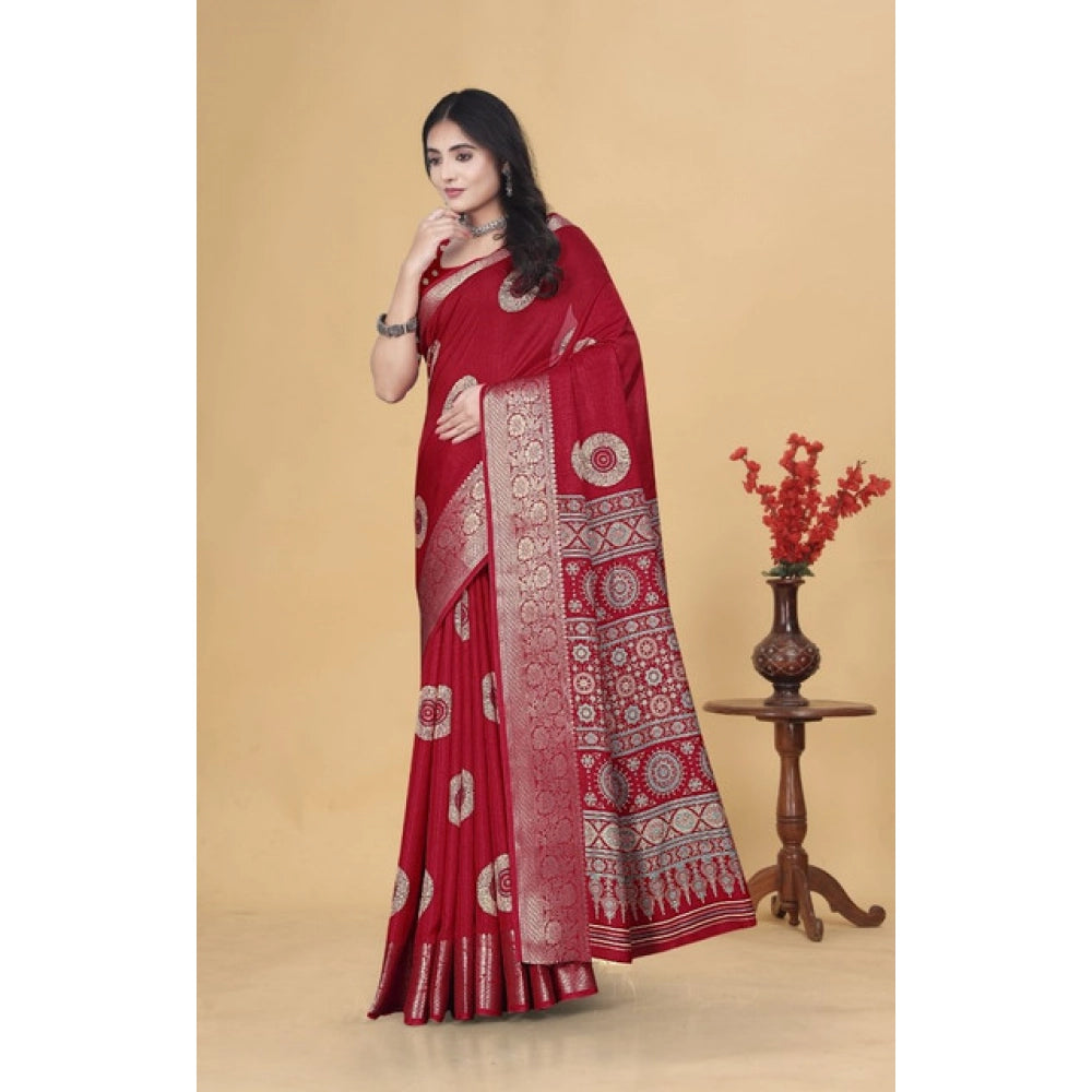 Amfyn Women's Art Silk Printed Saree With Unstitched Blouse 5.5Mtr (Red)