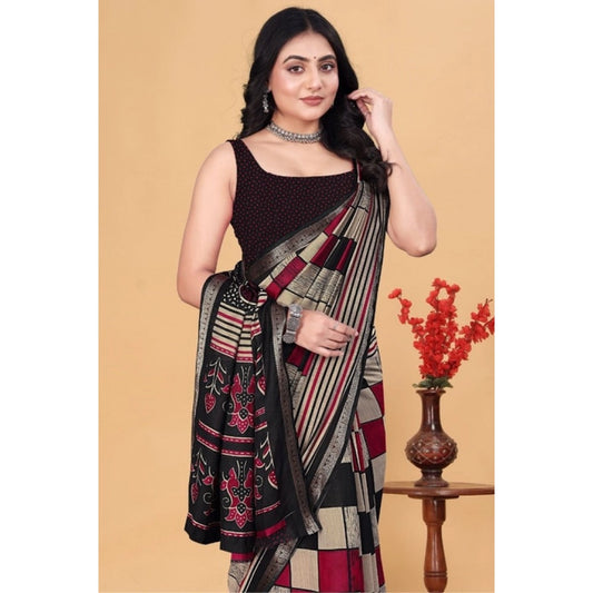 Amfyn Women's Dupion Silk Block Printed Saree With Unstitched Blouse 5.5Mtr (Multicolor)