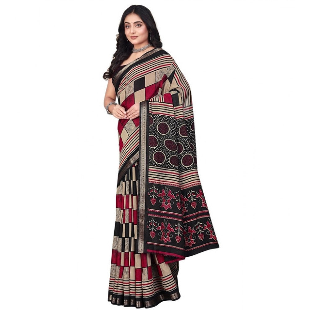 Amfyn Women's Dupion Silk Block Printed Saree With Unstitched Blouse 5.5Mtr (Multicolor)