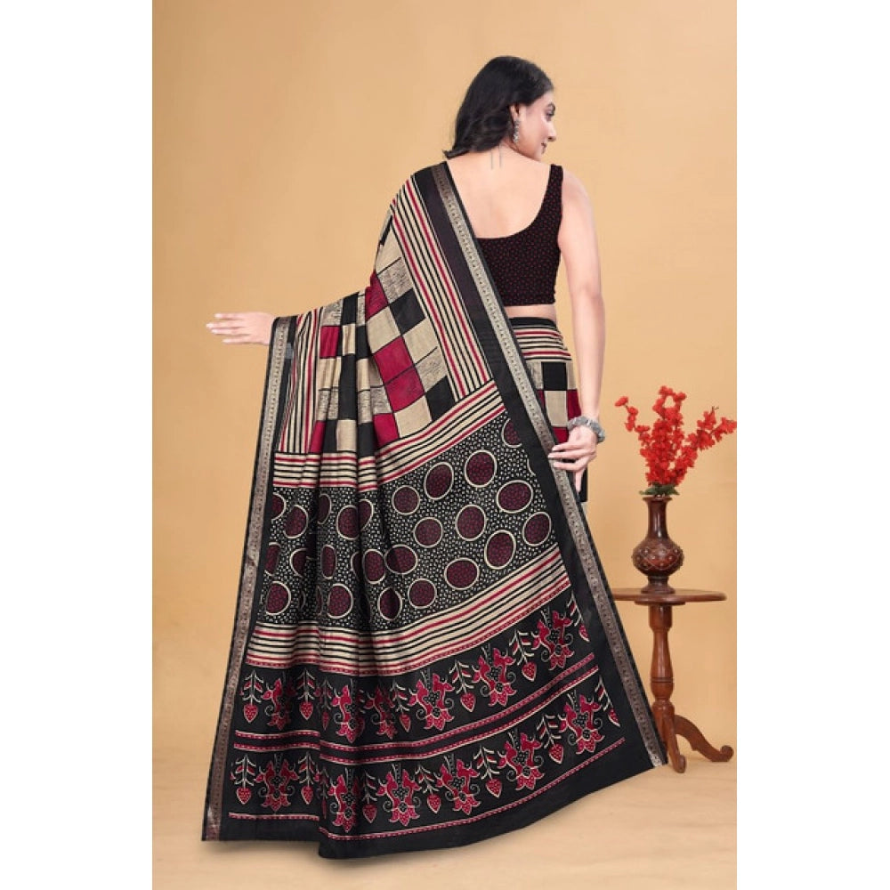 Amfyn Women's Dupion Silk Block Printed Saree With Unstitched Blouse 5.5Mtr (Multicolor)