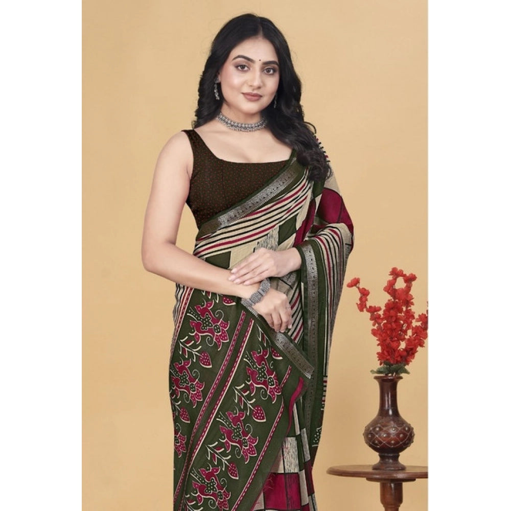 Amfyn Women's Dupion Silk Block Printed Saree With Unstitched Blouse 5.5Mtr (Multicolor)