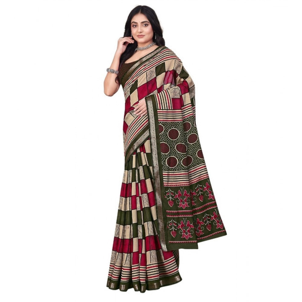 Amfyn Women's Dupion Silk Block Printed Saree With Unstitched Blouse 5.5Mtr (Multicolor)
