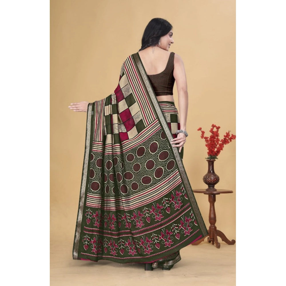 Amfyn Women's Dupion Silk Block Printed Saree With Unstitched Blouse 5.5Mtr (Multicolor)
