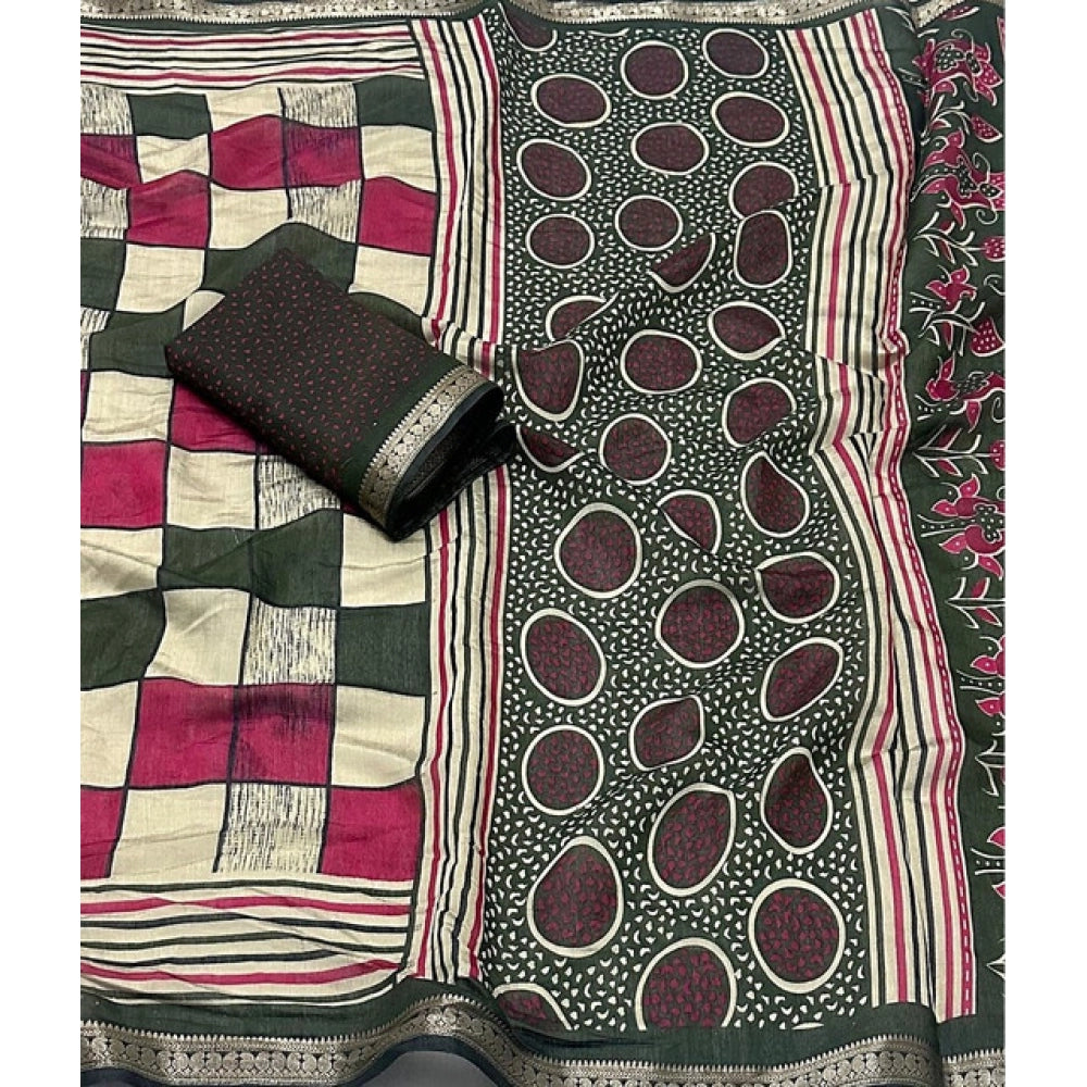 Amfyn Women's Dupion Silk Block Printed Saree With Unstitched Blouse 5.5Mtr (Multicolor)