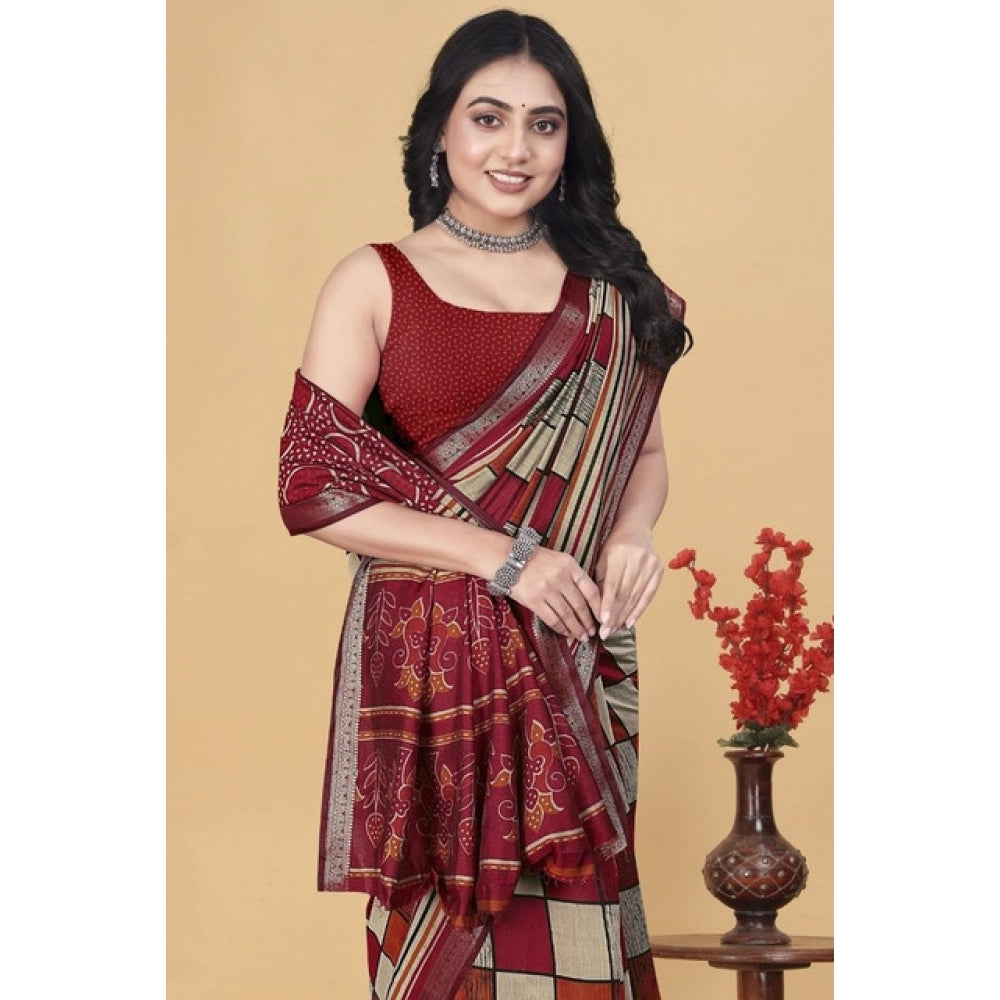 Amfyn Women's Dupion Silk Block Printed Saree With Unstitched Blouse 5.5Mtr (Multicolor)