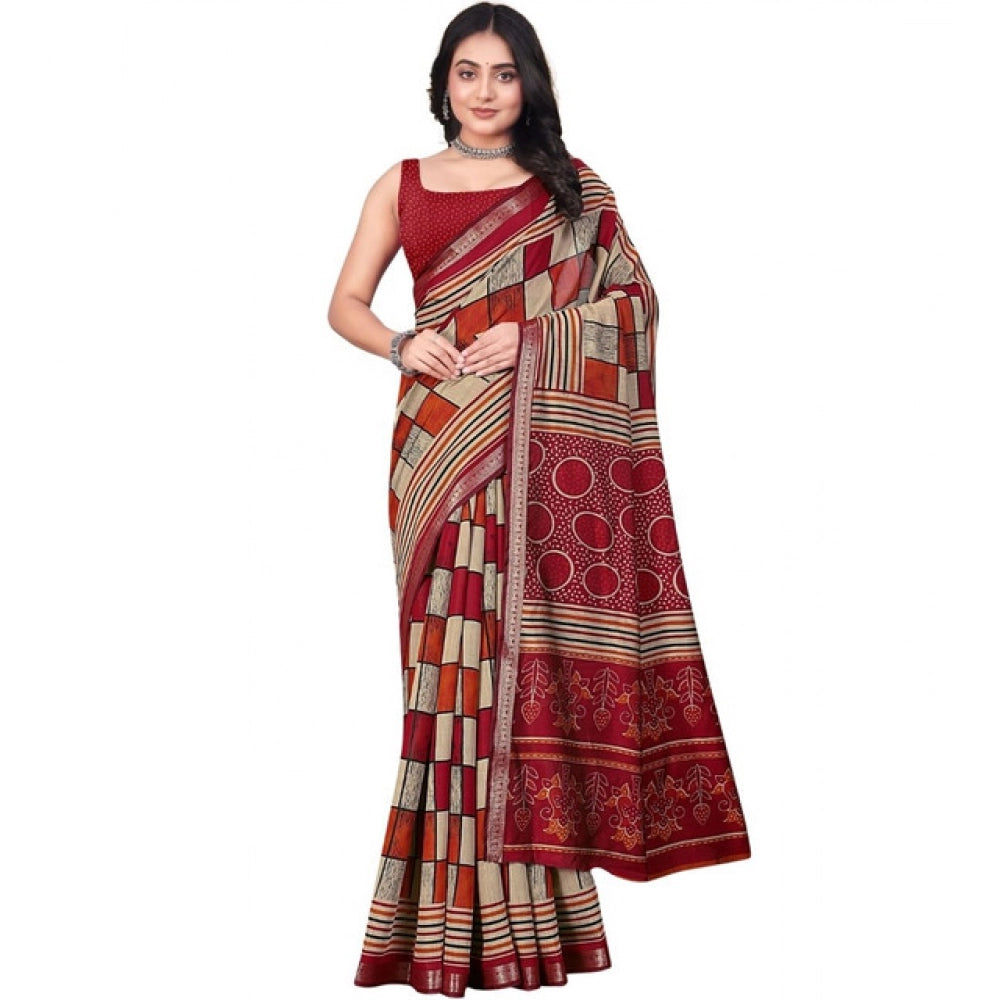 Amfyn Women's Dupion Silk Block Printed Saree With Unstitched Blouse 5.5Mtr (Multicolor)
